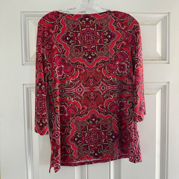 Charter Club Womens V-Neck Red Paisley Tunic Dress With 3/4 Sleeves - Picture 3 of 6
